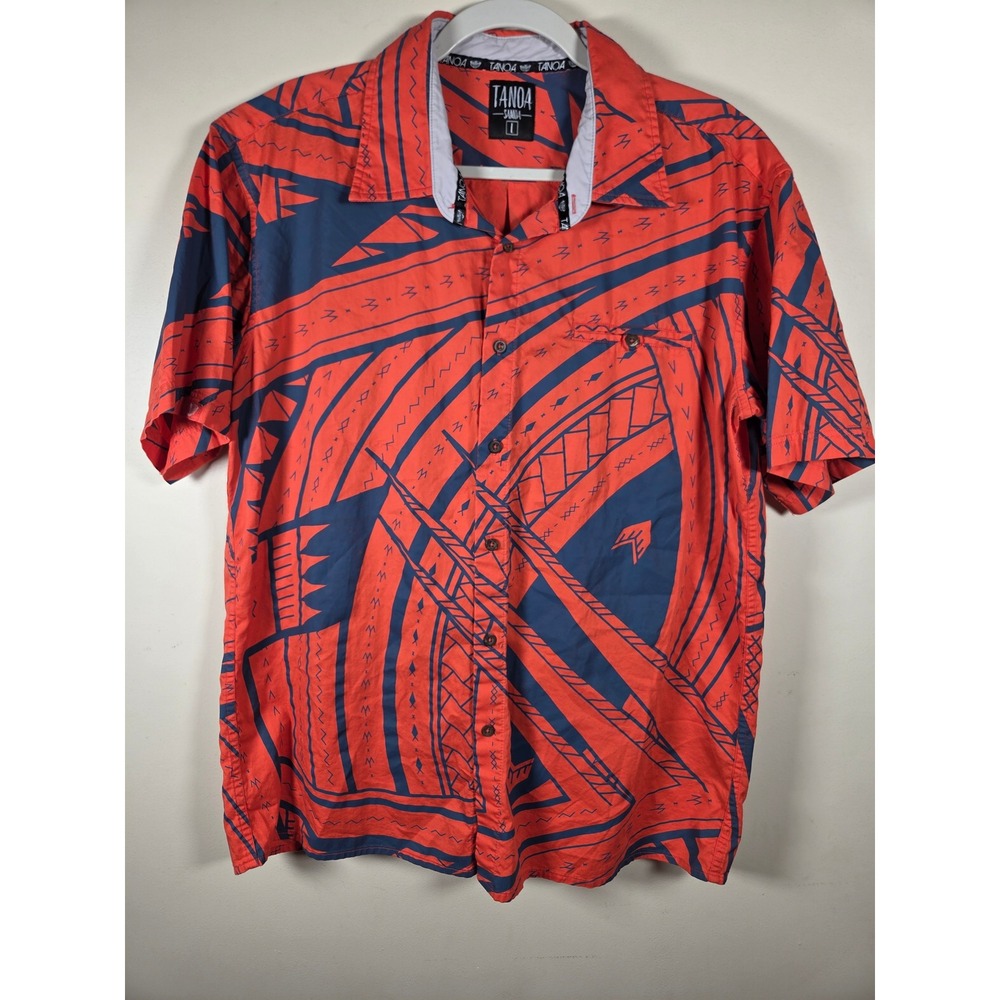 Tanoa Samoa Mens L Orange Navy Blue Tribal Polynesian Print Button Down Shirt